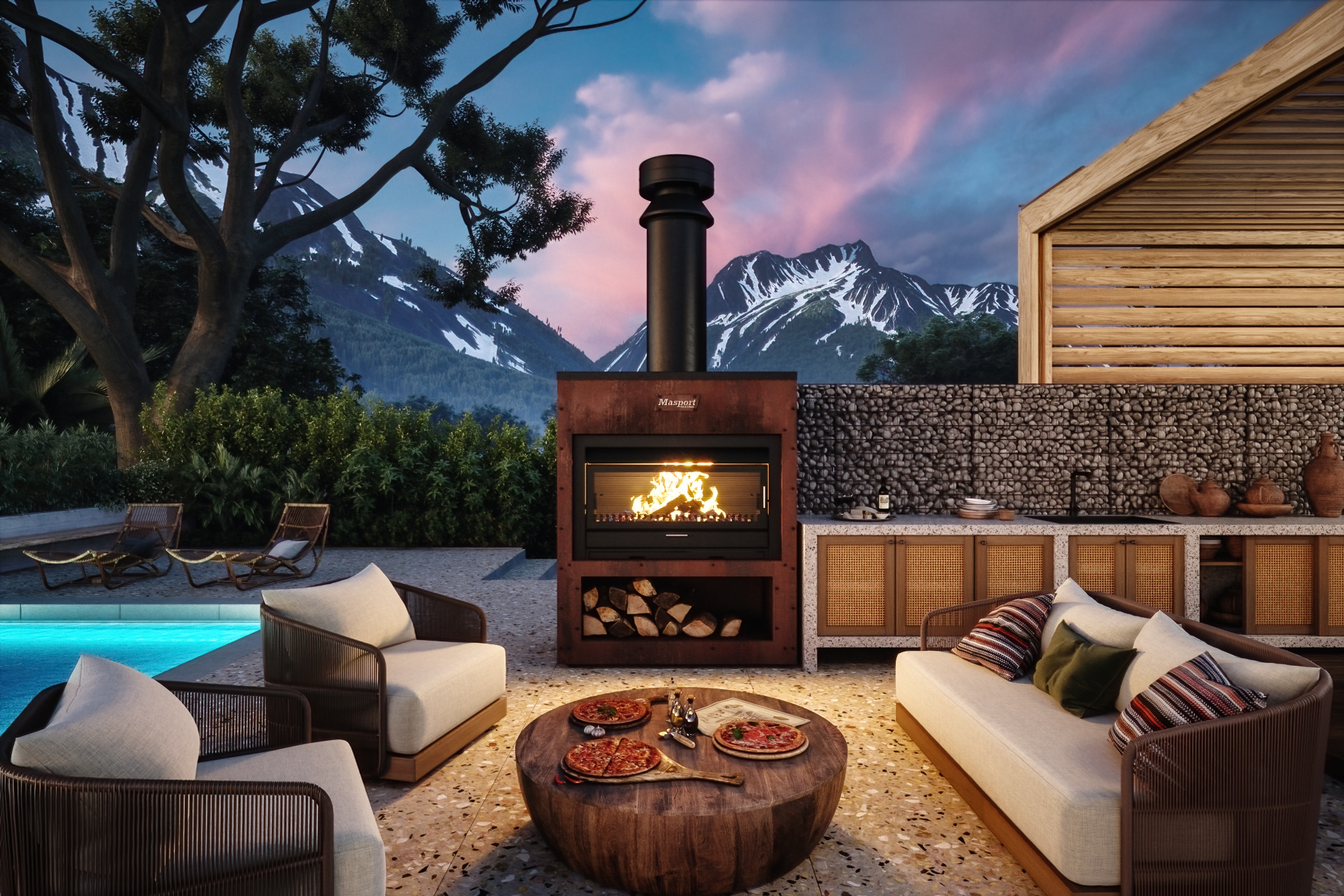 Masport Matakana 1200 Fire in Corten Cabinet with Flue Kit